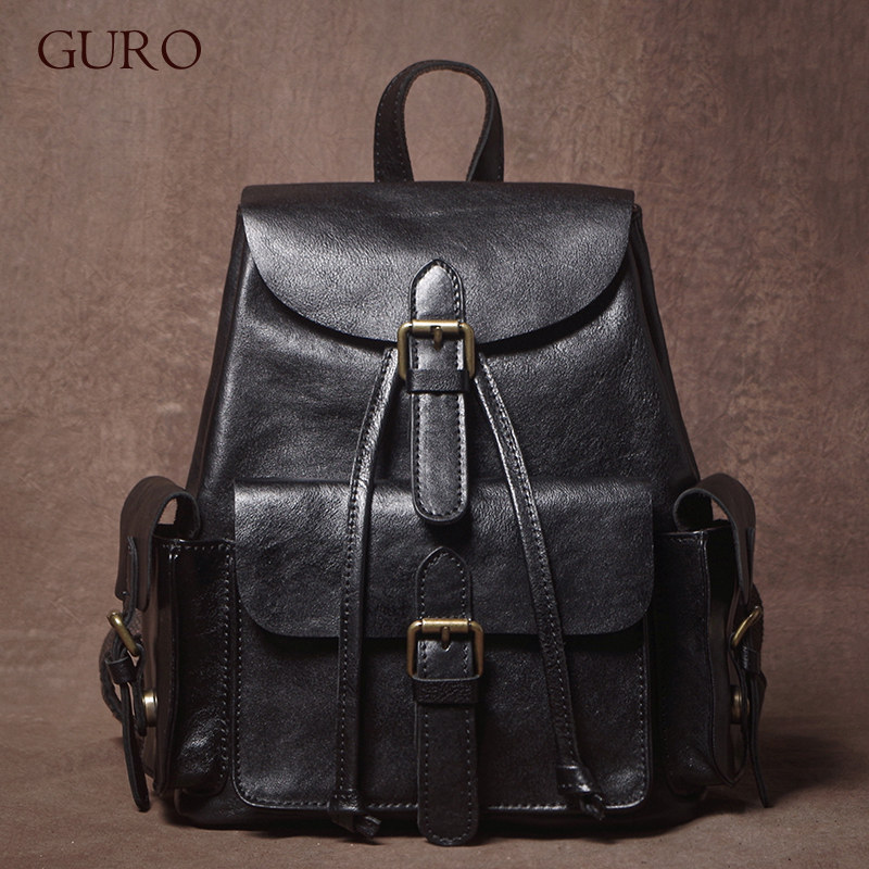 GURO 高品質牛革バックパック女性のヴィンテージトレンド週末旅行ナップザックデラックスデザイン本革女子スクールバッグ