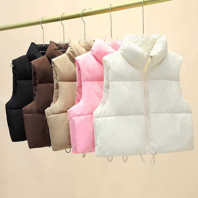 秋冬ショートダウンベスト女性スタンドカラージッパーノースリーブジャケット暖かいキルティングクロップドコートストリート巾着チョッキ