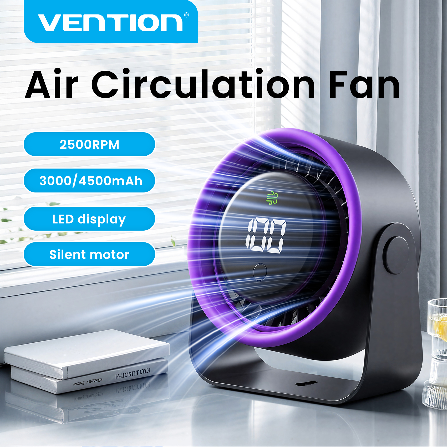 Vention デスクトップ空気循環ファンワイヤレス電動ファン 3000/4500mAh ポータブル速度冷却クーラー 2500RPM キャンプ屋外ファン