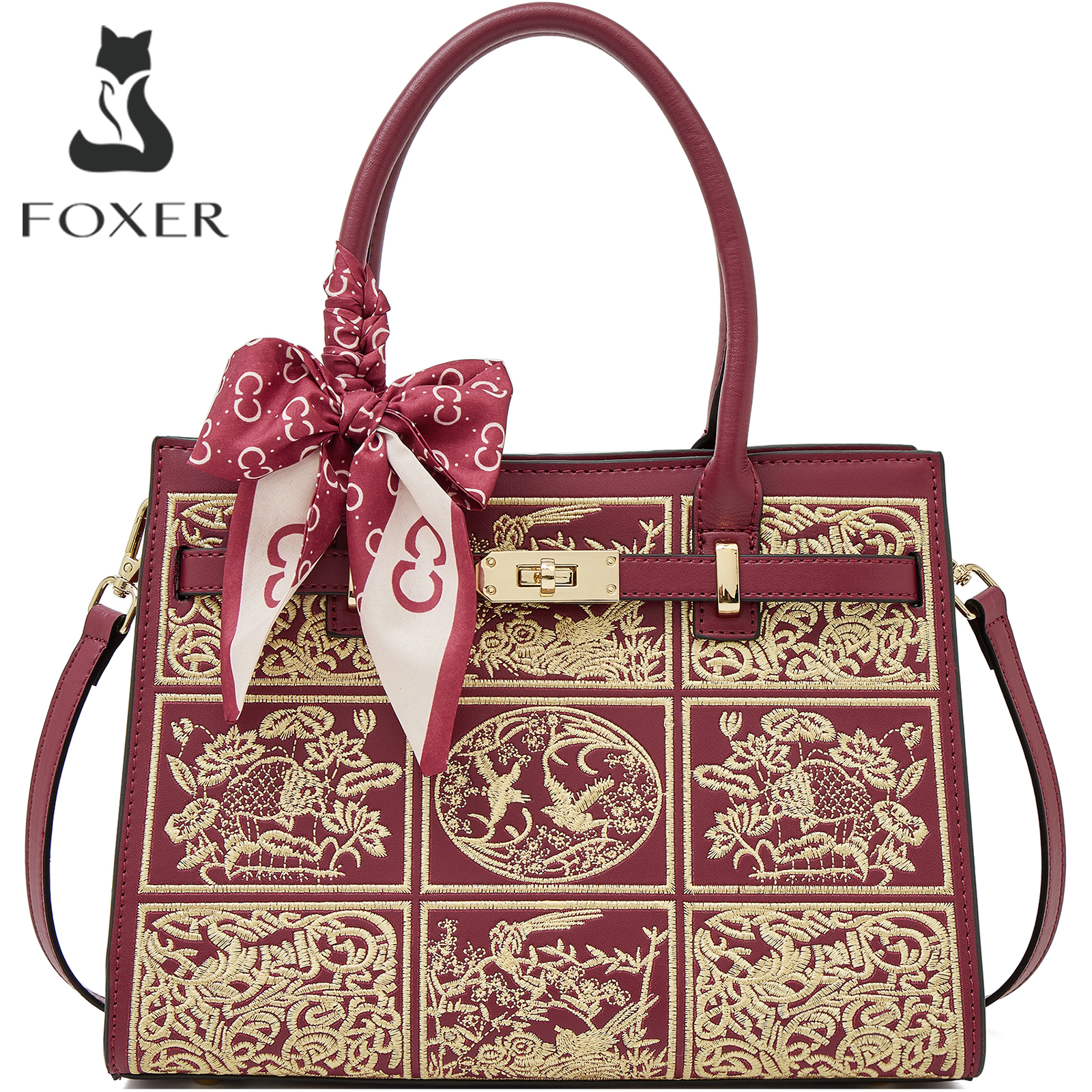 FOXER スプリットレザーの女性のハンドバッグ 2026 新中国風のエンボス加工クロスボディバッグ高級女性ショルダーバッグ宴会パーティー