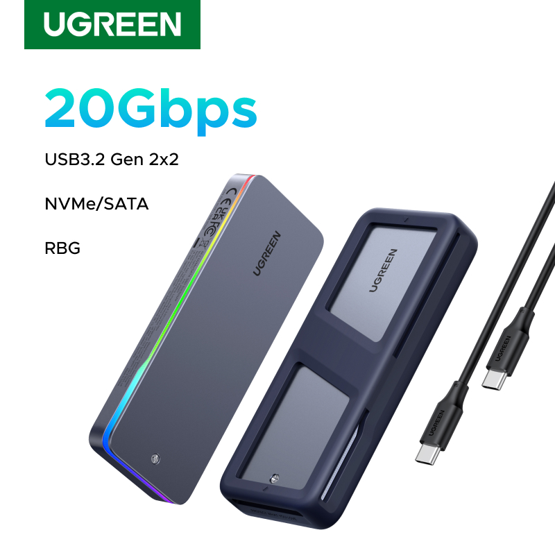 UGREEN 20Gbps M.2 SSD ケース NVMe SATA SSD エンクロージャ アダプタ USB 3.2 Gen2 外部エンクロージャ RGB 照明効果をサポート