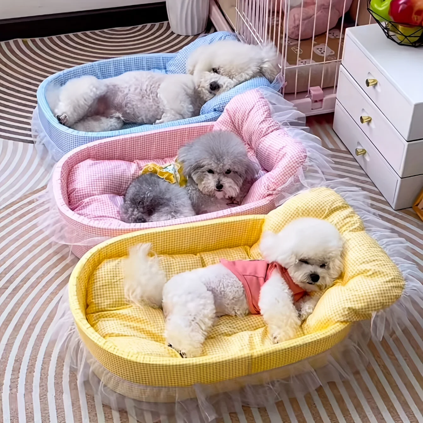 冬用のかわいいレーストリムペットプリンセスベッド1セット - 小型犬/猫用の柔らかいポリエステルぬいぐるみオーバル、組み立て簡単、屋内使用