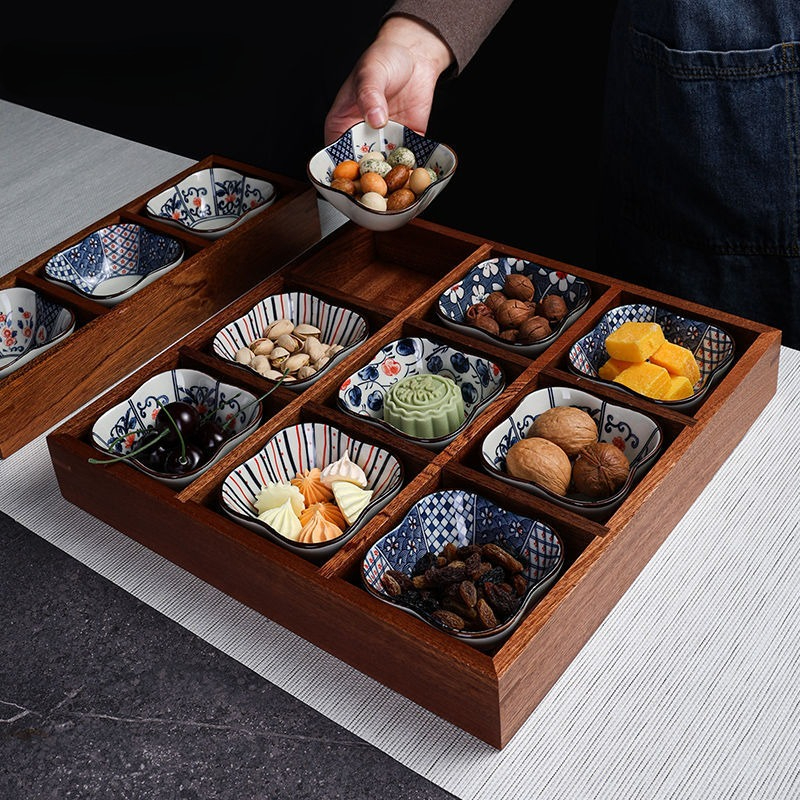 炉醸造茶中国茶ポイントプレート木製トレイマルチグリッドドライフルーツプレートスナック無垢材グリッドフルーツプレート