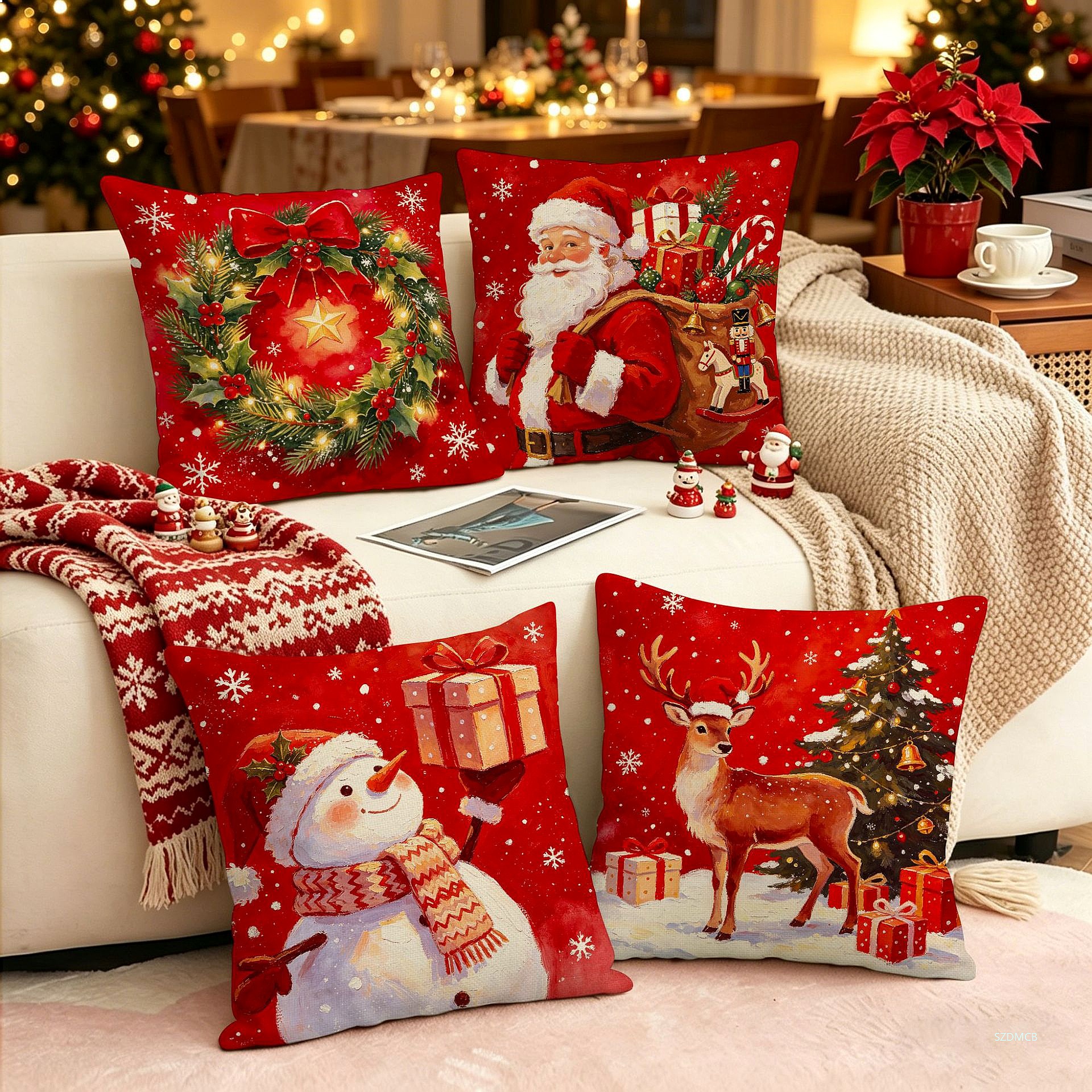 2026 クリスマスプリント枕カバーソファリビングルームホリデー装飾クッションケース 45x45cm