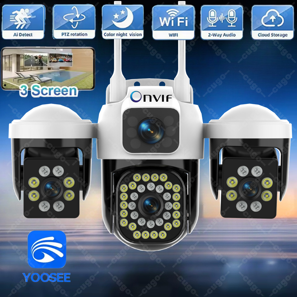 WiFi IP カメラ屋外 15MP 8K トリプルレンズトリプルスクリーンセキュリティビデオモニターナイトビジョン防水 10X ズーム Onvif CCTV カム