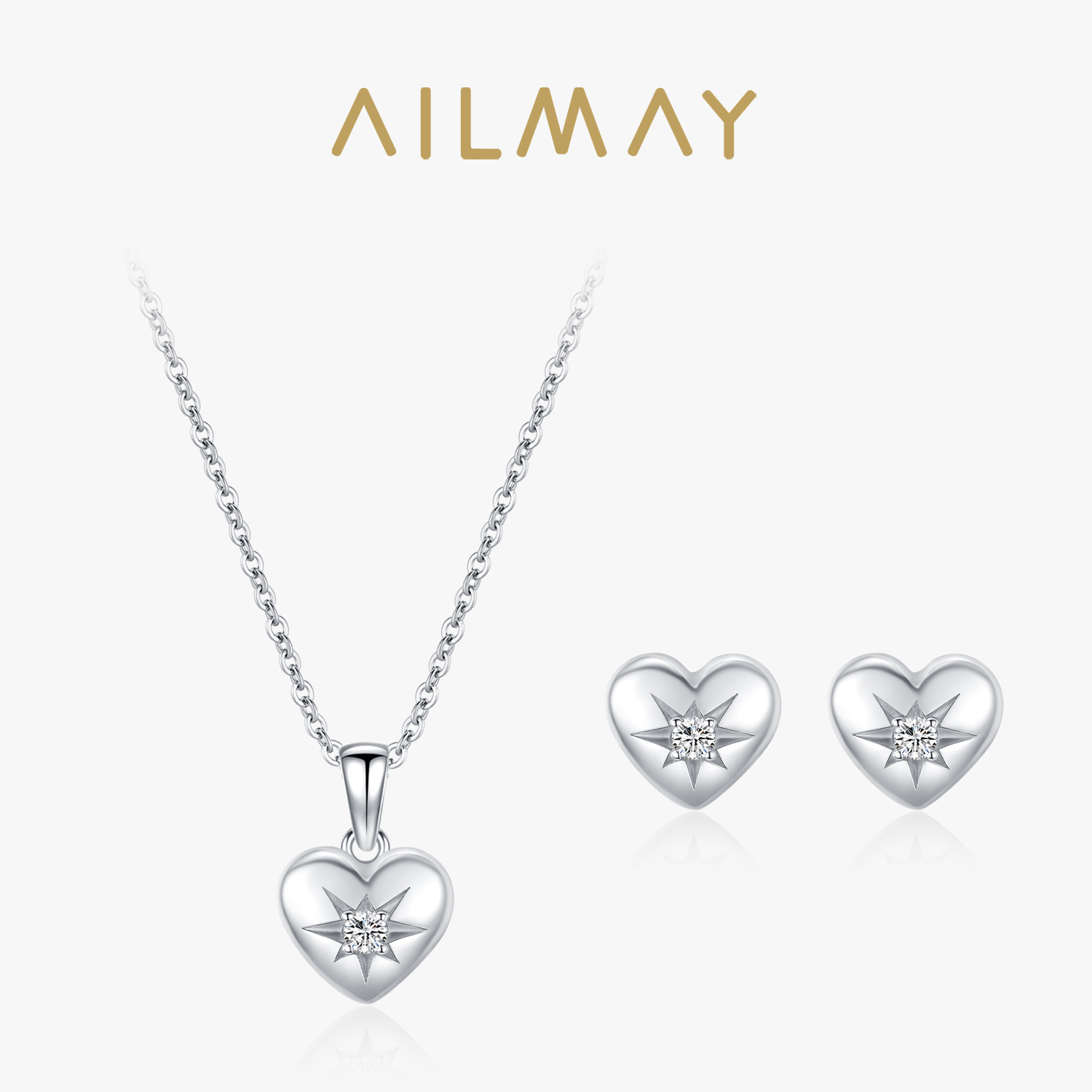 Ailmay 925 スターリングシルバーメタルラブハートイヤリングネックレスジュエリーセット女性のためのシンプルな上品な日常着衣装アクセサリー