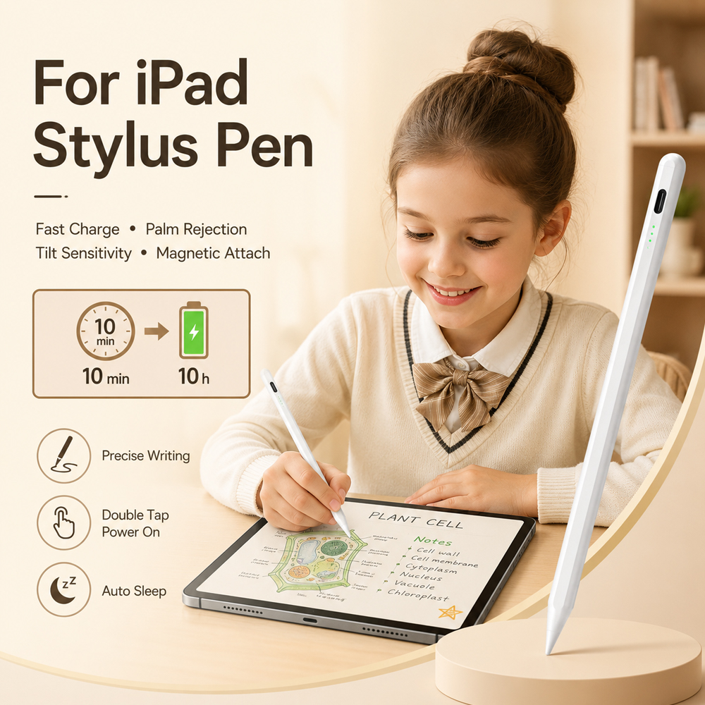 iPad用高速充電スタイラスペン、学生用筆記用鉛筆、スムーズな遅延なし、壊れないタッチ、パームリジェクション、磁気学習ペンキット