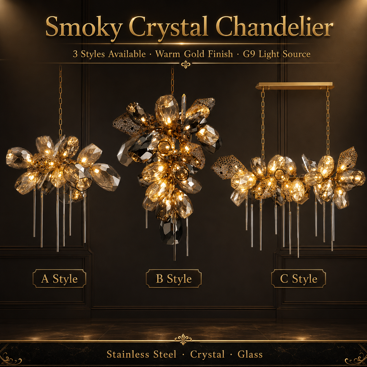 Luxury Smoky Crystal Flower Chandelier Gold Pendant Light for Living Room Dining Room Staircase 3 Styles G9 Bulbs Included
