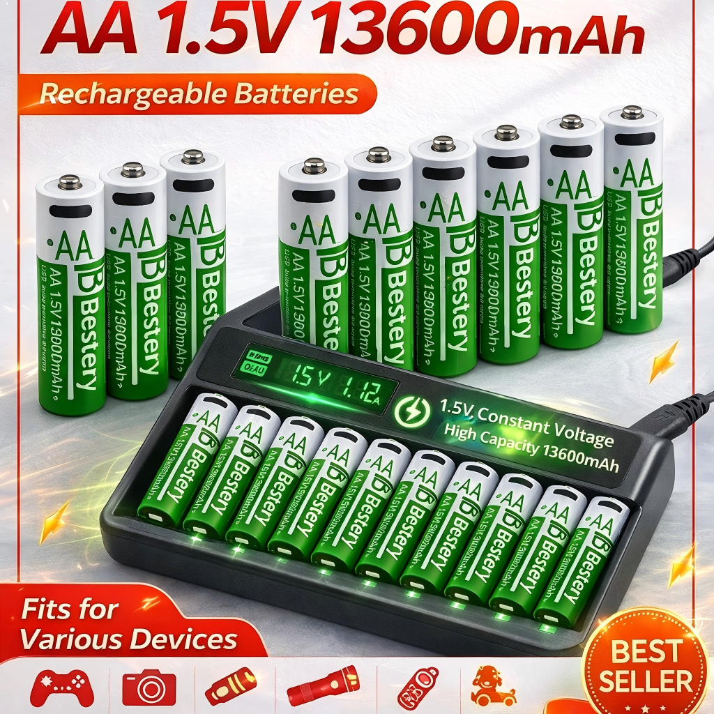 Bestely 1.5V 13600mAh USB AA リチウムイオン充電式バッテリー、急速充電、2000 サイクル Xbox コントローラーおもちゃカメラフラッシュ用