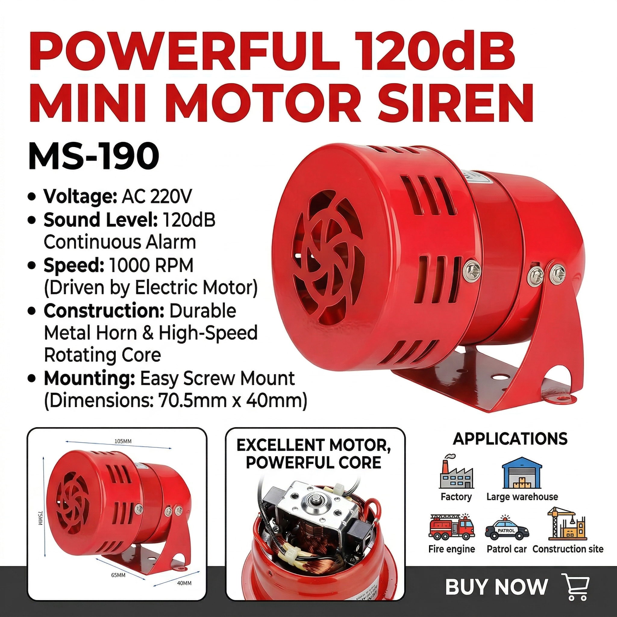 120dB モーターサイレン MS-190 、金属ハウジング付き 220V 工業用警報サイレン、工場およびワークショップ用の高出力サウンド警告警報