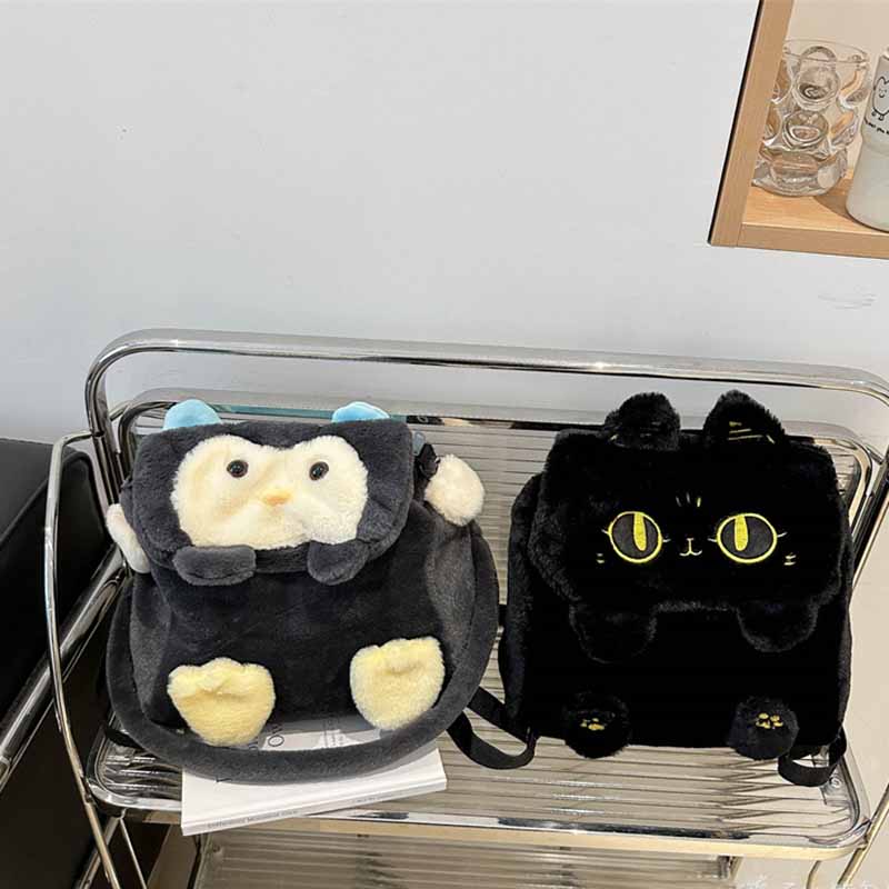 新しい漫画ぬいぐるみ小さな黒猫ペンギンショルダーバッグ 2024 かわいい多用途学生大容量動物ぬいぐるみバックパック