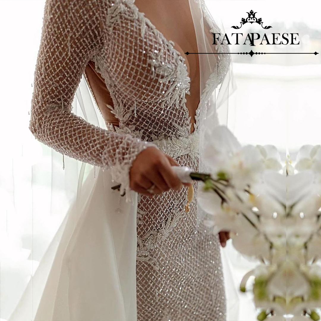 FATAPAESE Customzied 刺繍花柄キラキラビーズ網タイツが親密なビーズフリンジのブライダルドレスチャペルトレインで魅了します