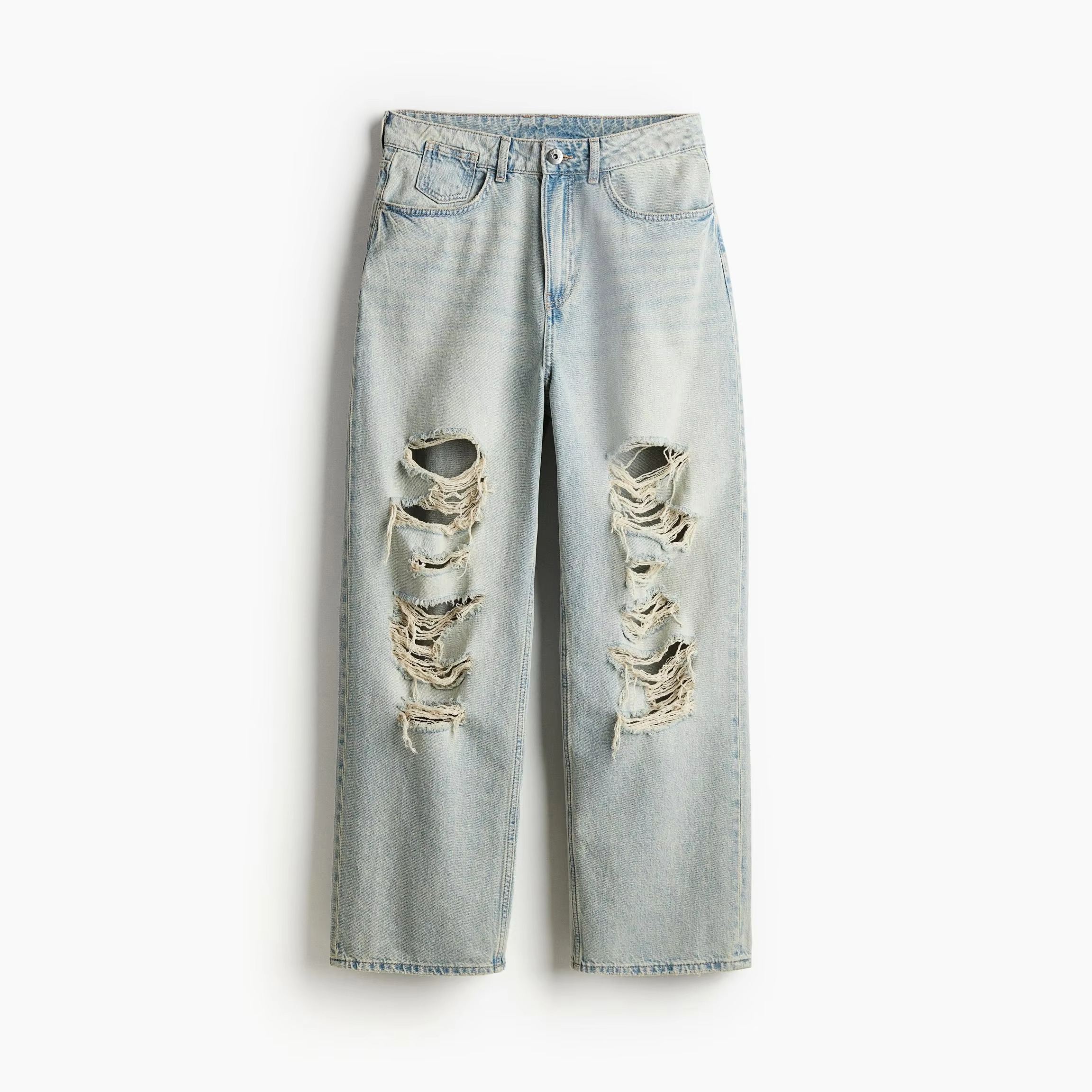 Light Blue Denim Jeans Women's Distressed Ripped Trousers High Waist Loose Fit Baggy Style Trendy Fashion Shredded