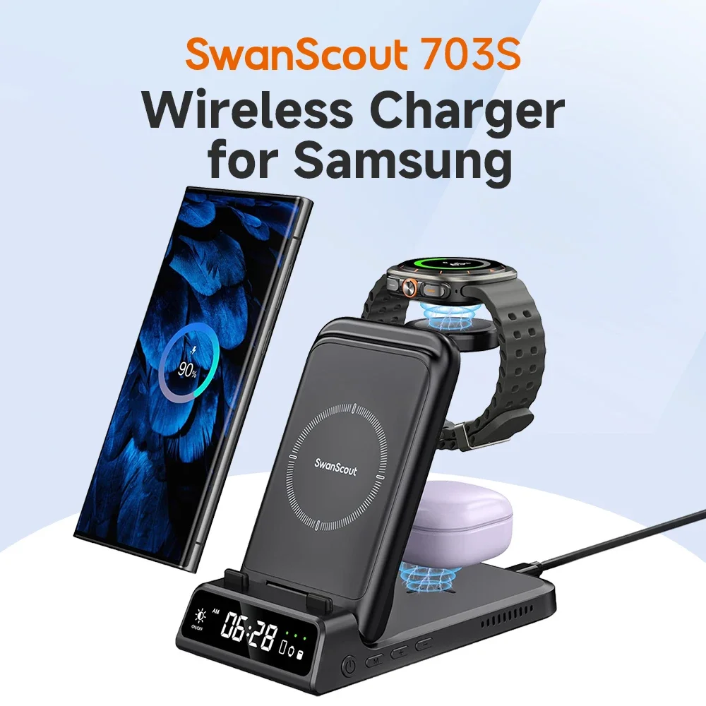 SwanScout 703S ワイヤレス充電器サムスン S25 ウルトラ S24 Z フォールド 7 Z フリップ 7 充電ステーション Galaxy Watch 8 7 用芽 3 プロ