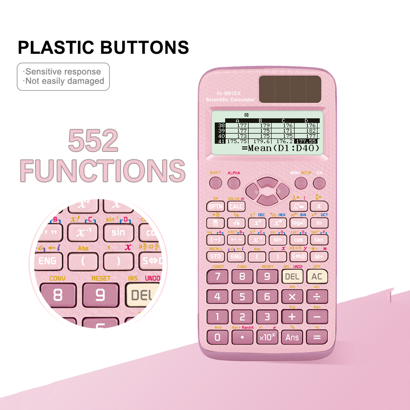 1pcs-Pink-FX-991EX - 関数電卓バッテリーパワーアドバンス、552関数を備え、学校の学生や教師に適しています