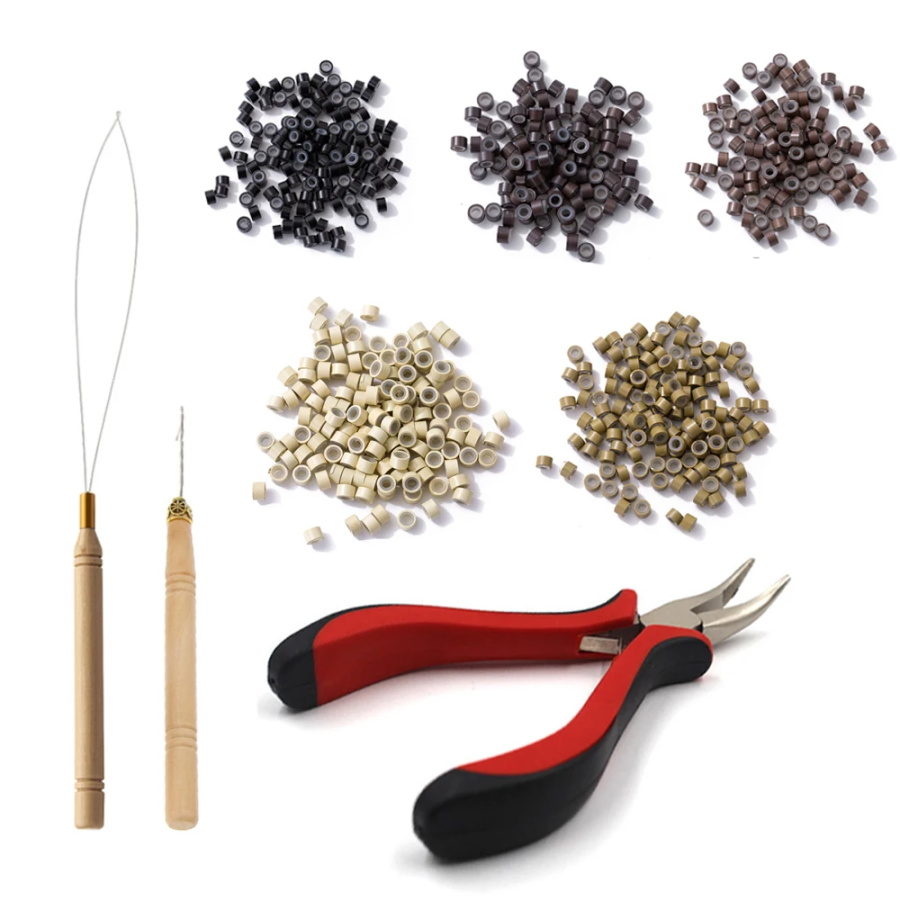 Hair Extensions Kit Threader Pulling Hook & Pliers & 100pcs silicone Rings One Set For Beads Hair Extensions hair extension tools hair extension kit 헤어살롱 싸인볼 kit extension de cabello תרסיסי שיער