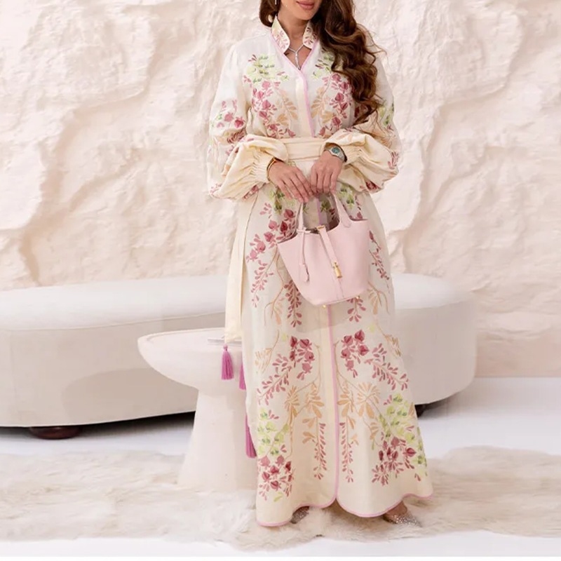 2026春の新作婦人服クロスボーダーヨーロッパとアメリカのドレスプリントランタンスリーブウエスト絞りタイウエストロング