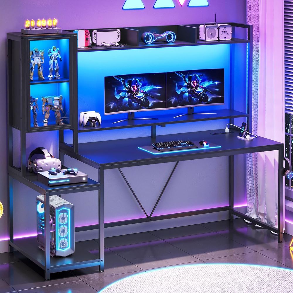 ハッチ、収納棚、ディスプレイキャビネット、PC ゲームおよびホームオフィス用モニタースタンド付き 60 LED 点灯ゲーミングデスク、ブラック