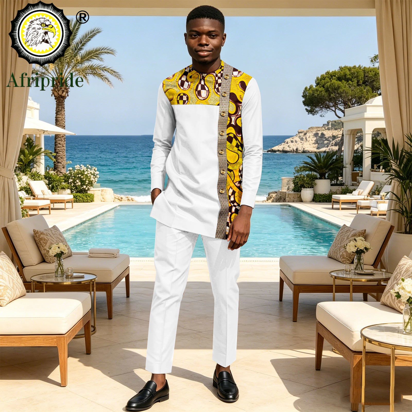 Dashiki 男性アフリカ服スクープネックシングルブレストプリントシャツとパンツセットアンカラ服装プラスサイズ衣装 2616089