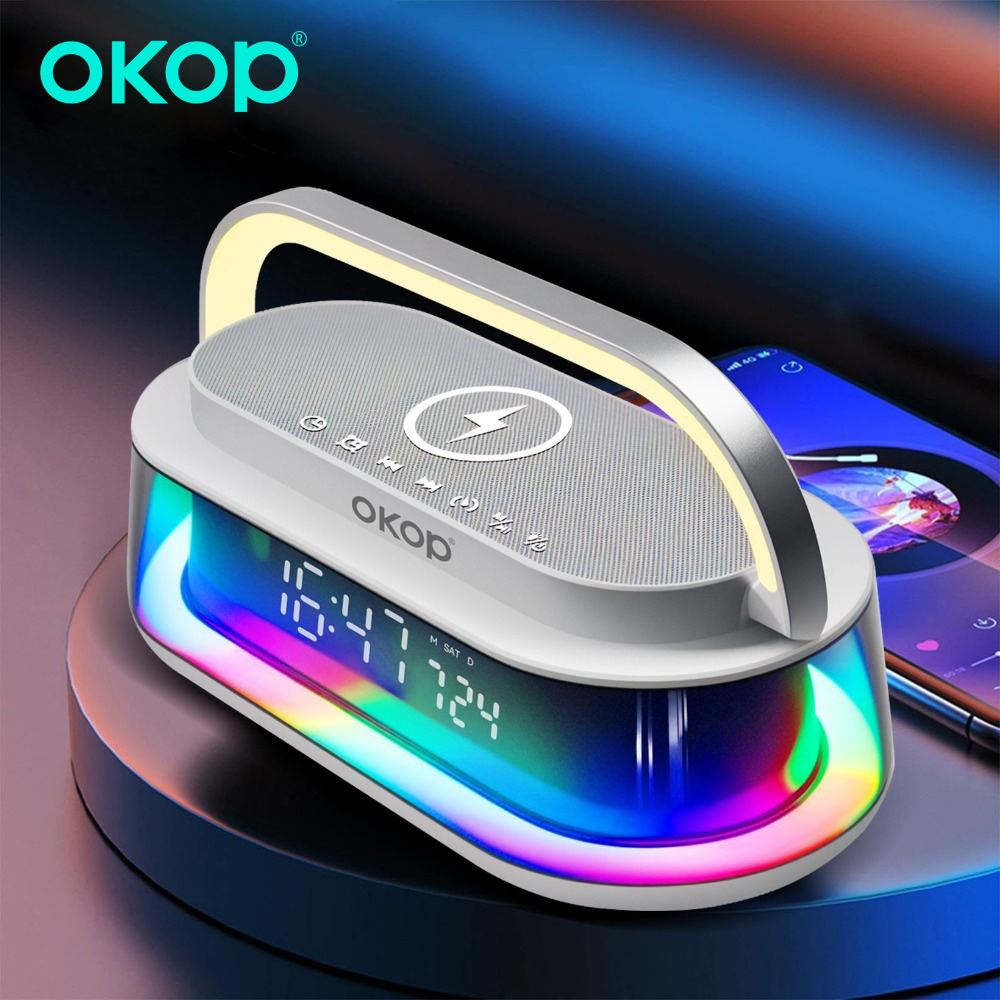OKOP 4-in-1 Functionality Bluetooth Speaker,Smart Alarm Clock,Wireless Charger & RGB Night Light Subwoofer Колонка Speaker 범블비헬맷
