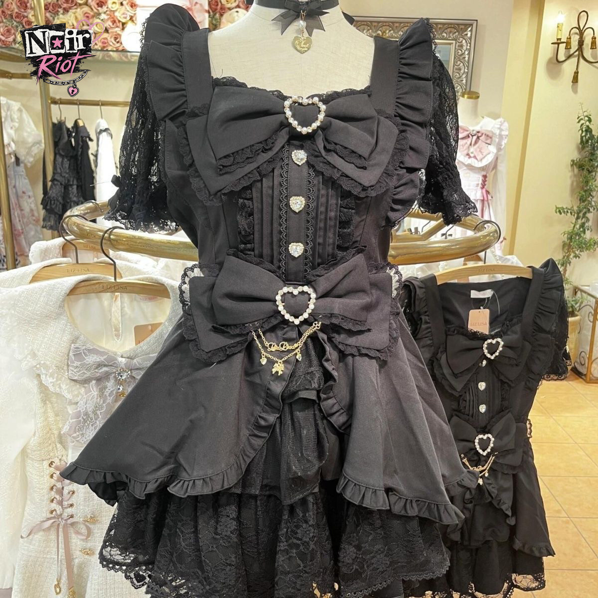 Jirai Kei ダークスイートロリータミニドレス女性ちょう結びレースパフコルセットハートフリルケーキスカート日本かわいい原宿ファッション