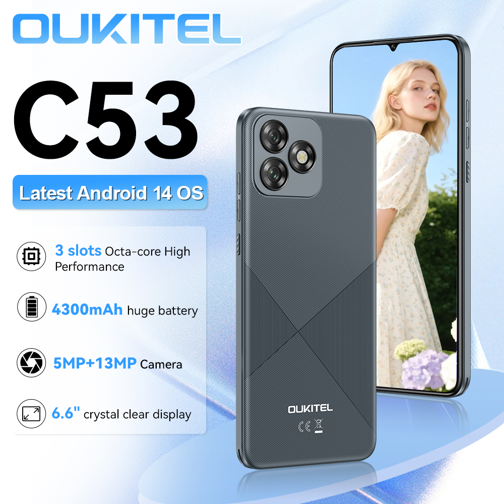 Oukitel C53 スマートフォン 6.6 "クリスタルクリアディスプレイ 13MP 電話ポータブル 8 ギガバイト (4 4) 64 ギガバイト 4300mAh バッテリー Android 14 携帯電話