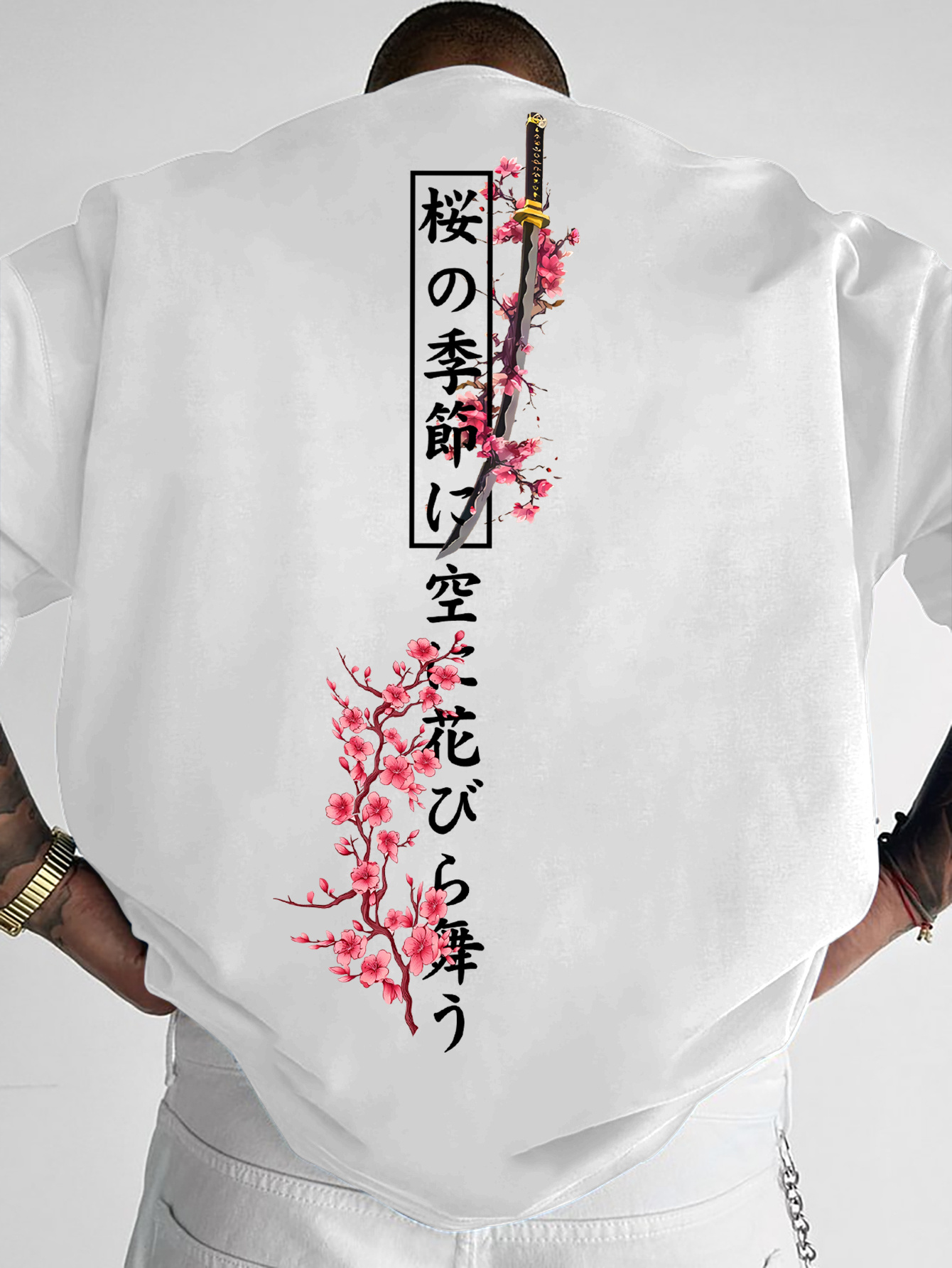 アメリカンスタイルメンズサマールーズTシャツ日常着に最適桜とサムライソードパターン100%ピュアコットン