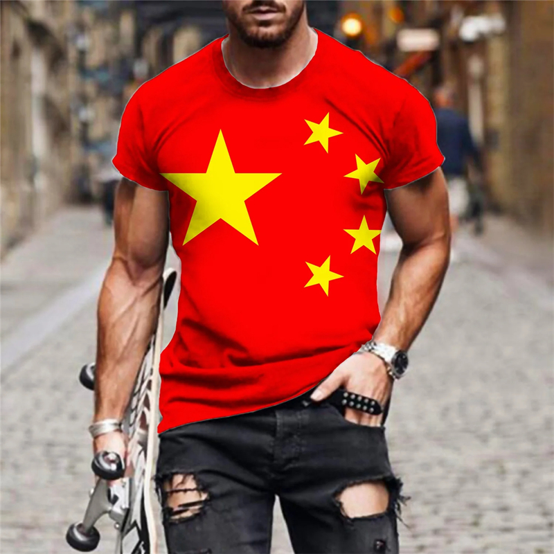 中国の国旗 3D プリント Tシャツ夏の新メンズファッション新半袖トップクール Tシャツストリートだぶだぶ Tシャツ通気性トップス