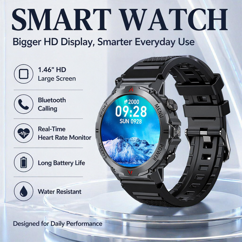 2026 新しい 1.46 "HD スクリーンスポーツスマートウォッチ Bluetooth 通話 IP68 防水心拍数睡眠内蔵懐中電灯スマートウォッチ