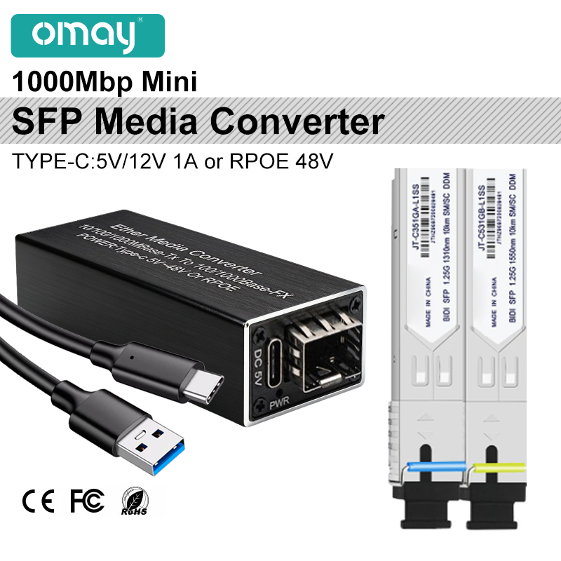 1.25G ミニ PoE ギガビット SFP メディアコンバータ 1000M イーサネット - SFP SC/LC 光ファイバーネットワーク 5V DC USB/Type-C 入力