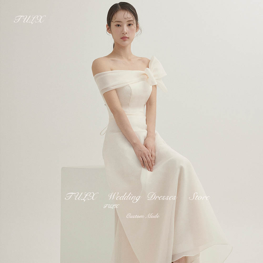 TULX 韓国写真撮影シンプルなワンショルダーのリボンのウェディングドレスフロアレングスオーガンザブライダルドレスコルセットバック 웨딩드레스 カスタマイズ