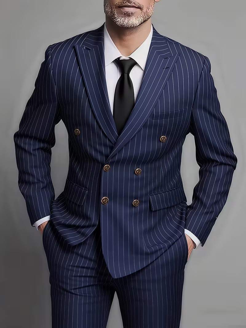 男性スーツ メンズ ツーピース スーツ ダブルブレスト 男性 ファッショナブルでスリムフィット デザイン 新郎のウェディングドレス カジュアル ストライプ生地
