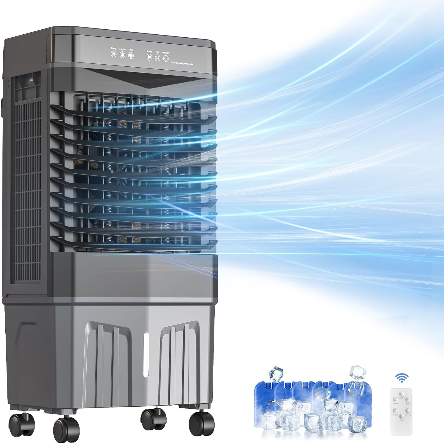 ポータブル蒸発クーラー、1800 CFM スワンプクーラー、5.3 ガロン水タンクとアイスパック 6 個付き、3 ファン速度、120°振動、12 時間タイマー、寝室、自宅、オフィス用冷却ファン、グレー