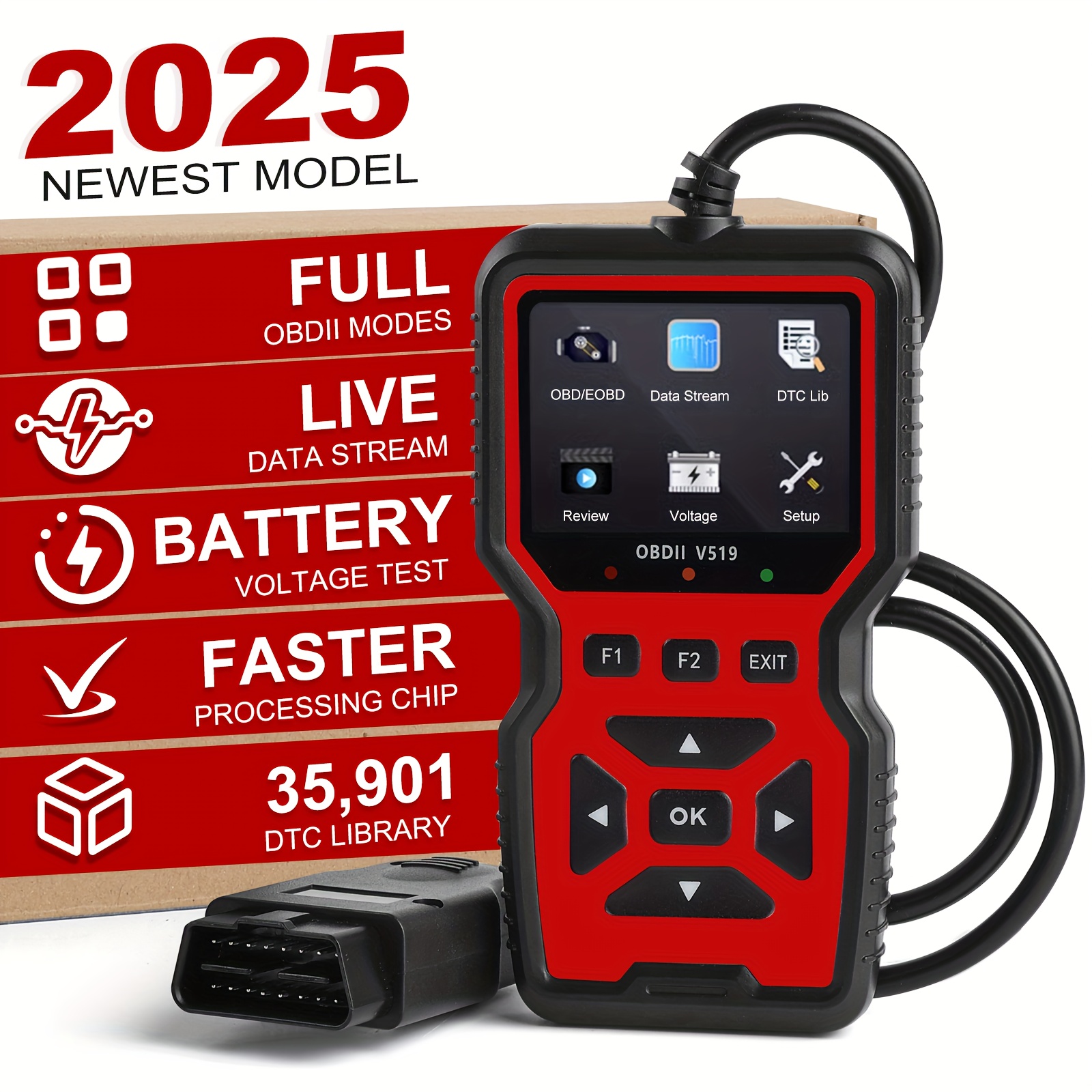 V519 プロフェッショナル Obd2 スキャナー - リアルタイム データ ストリームを備えた USB 電源の自動車診断ツール、フル機能の Obd II テスト (I/M 対応、Bod2/Eobd)、エンジン障害ライトのクリア、コードの読み取り/消去