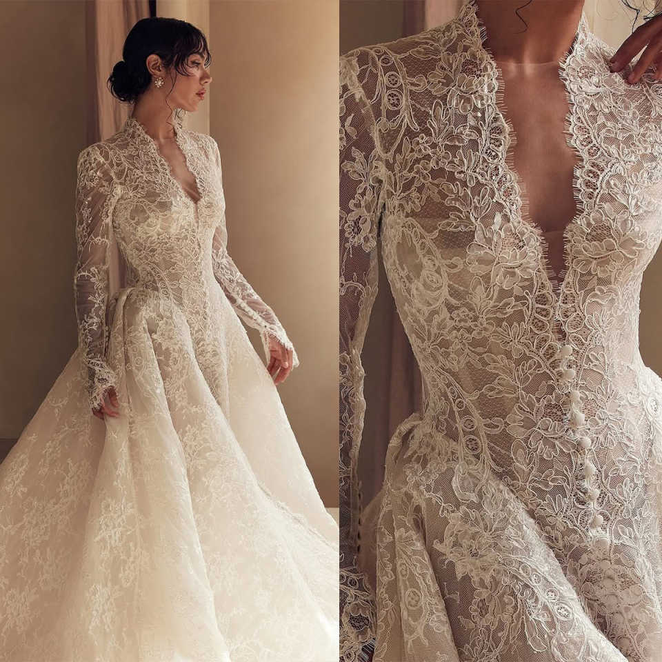 素敵なウェディングドレス A ライン アップリケ レース 長袖床長さの花嫁 Vestido De Noiva カスタマイズ