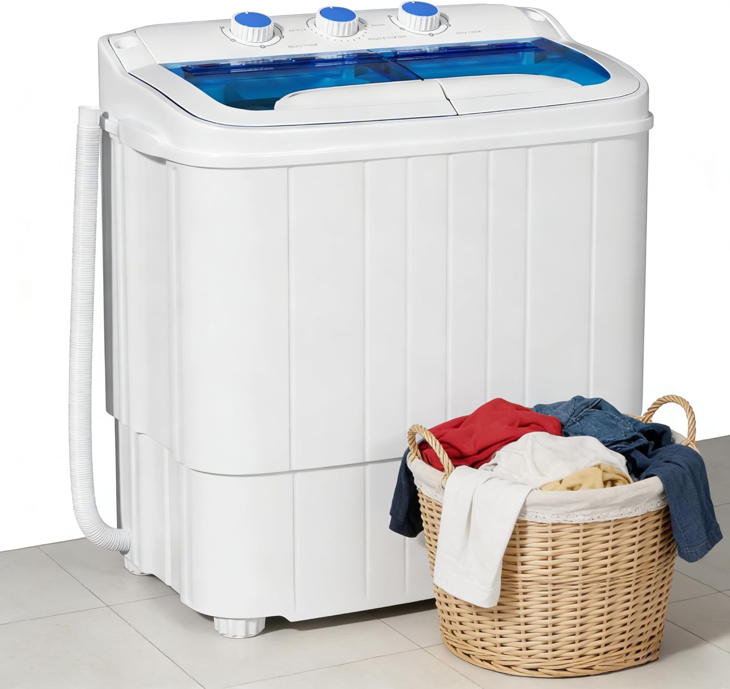 アパート/寮/RV用、プラスチック、ホワイトブルー、17.6ポンドコンパクト省エネポータブル洗濯機、排水ホース付き