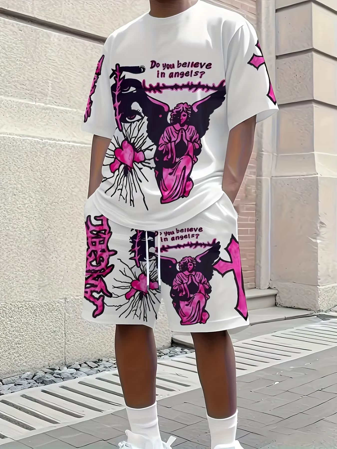 2026 夏の新しいメンズ半袖セット 3D ハート柄プリント付きストリートカジュアルファッション快適で通気性のある T シャツ