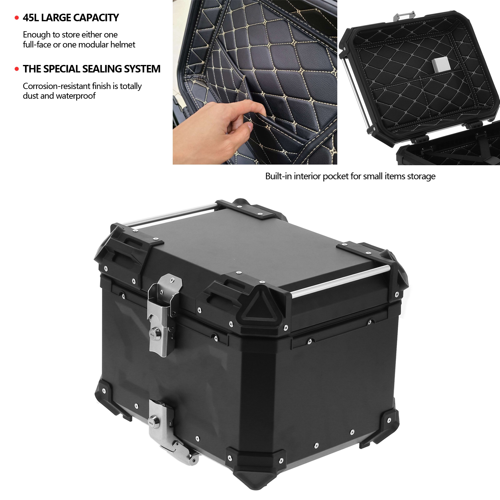 バイク収納ボックス トップボックス テールボックス トランク キャリア ユニバーサル ブラック 45L オートバイ アルミ トップケース テールボックス 荷物