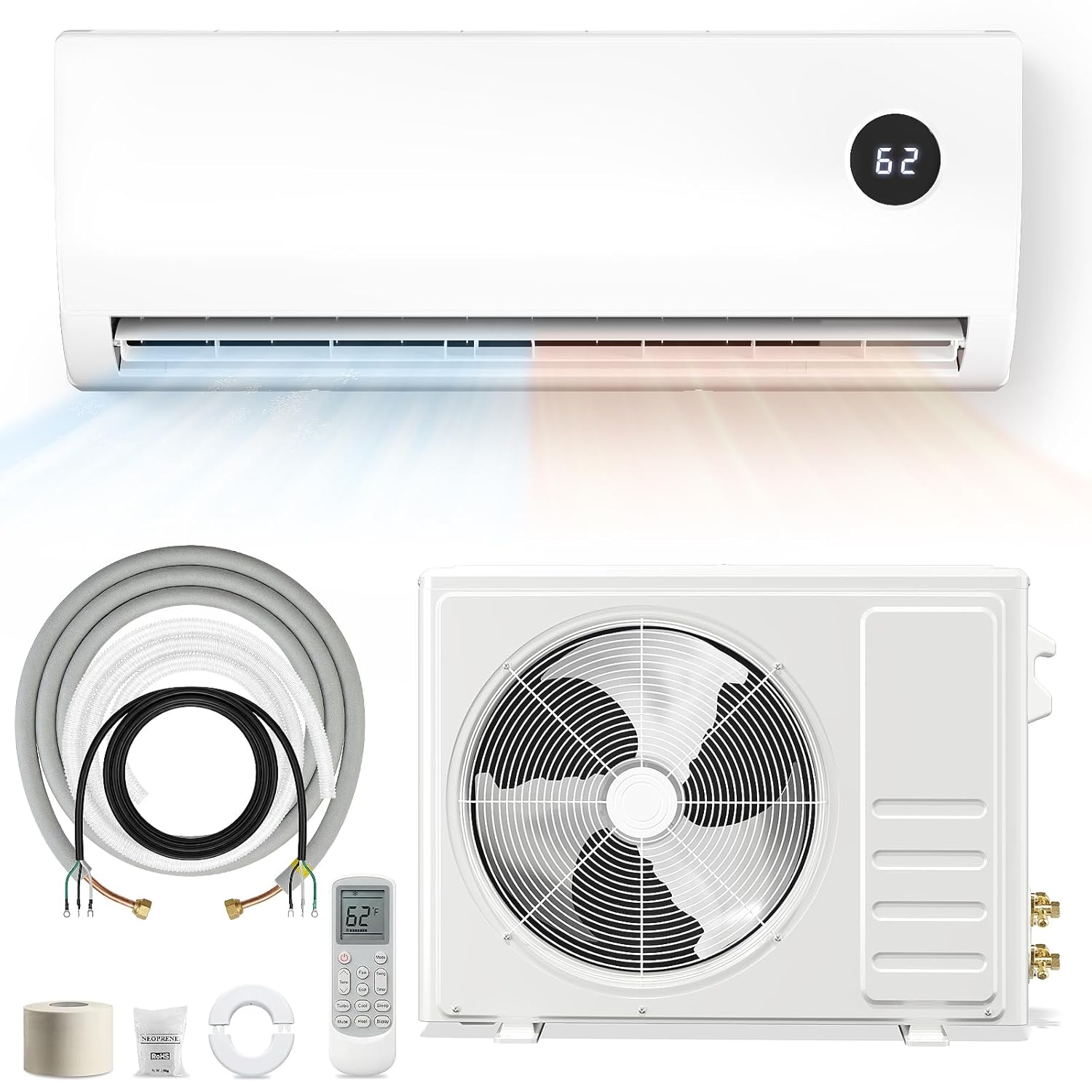ミニスプリットエアコン、9000 BTU ダクトレスインバーター AC/暖房システム、ヒートポンプ付き、19 SEER2 エネルギー効率が高く、カスタマイズ
