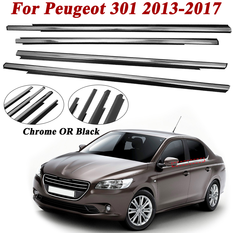 4 個車の窓外側ゴムウェザーストリッププジョー 301 2013-2017 黒/クロームシールストリップベルトサイドドアガラス成形トリム