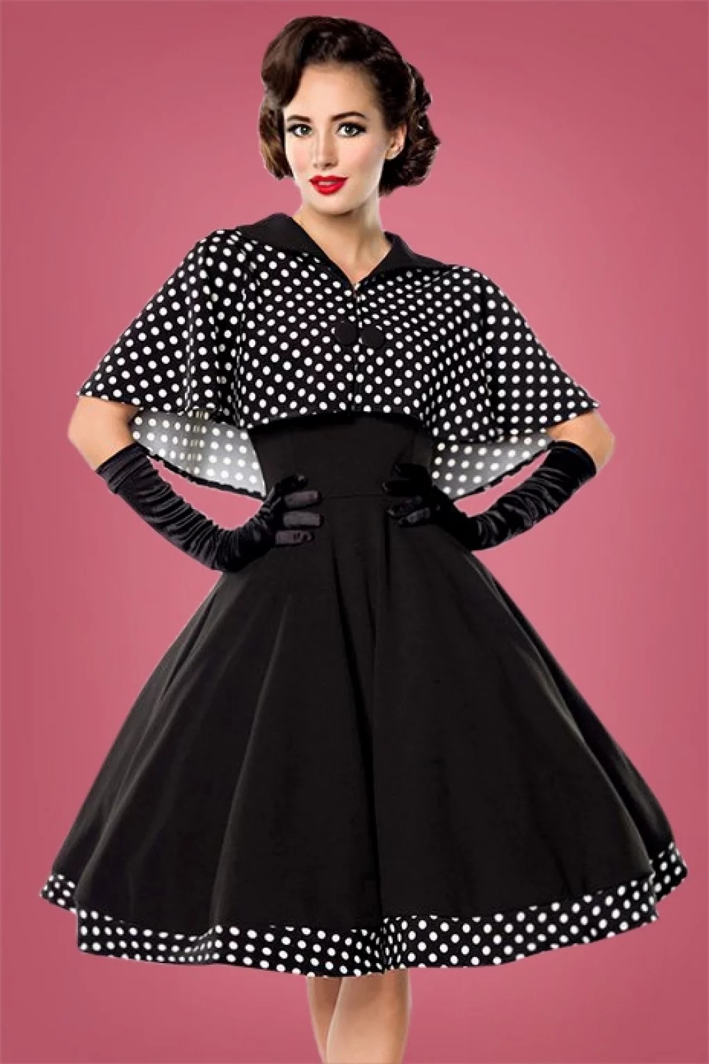 女性の服装水玉ヴィンテージ 1950 年代スイングドレス長袖ケープトップと A ラインドレスツーピーススーツ Vestido