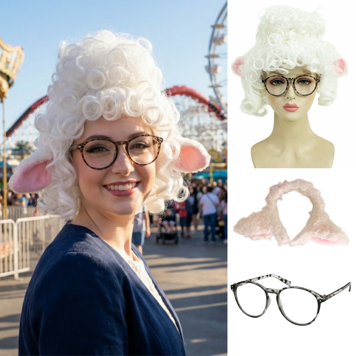 REEWES ホワイトカーリーウィッグ用コスプレ夜明けの羊合成かつら衣装メガネヘアバンド動物園アニメカーニバル 100 日のパーティー