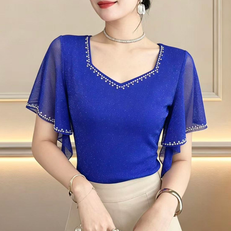 2026 夏の新ダイヤモンドシャツ半袖メッシュトップススリム韓国ファッション高輝度シルク女性 Tシャツ