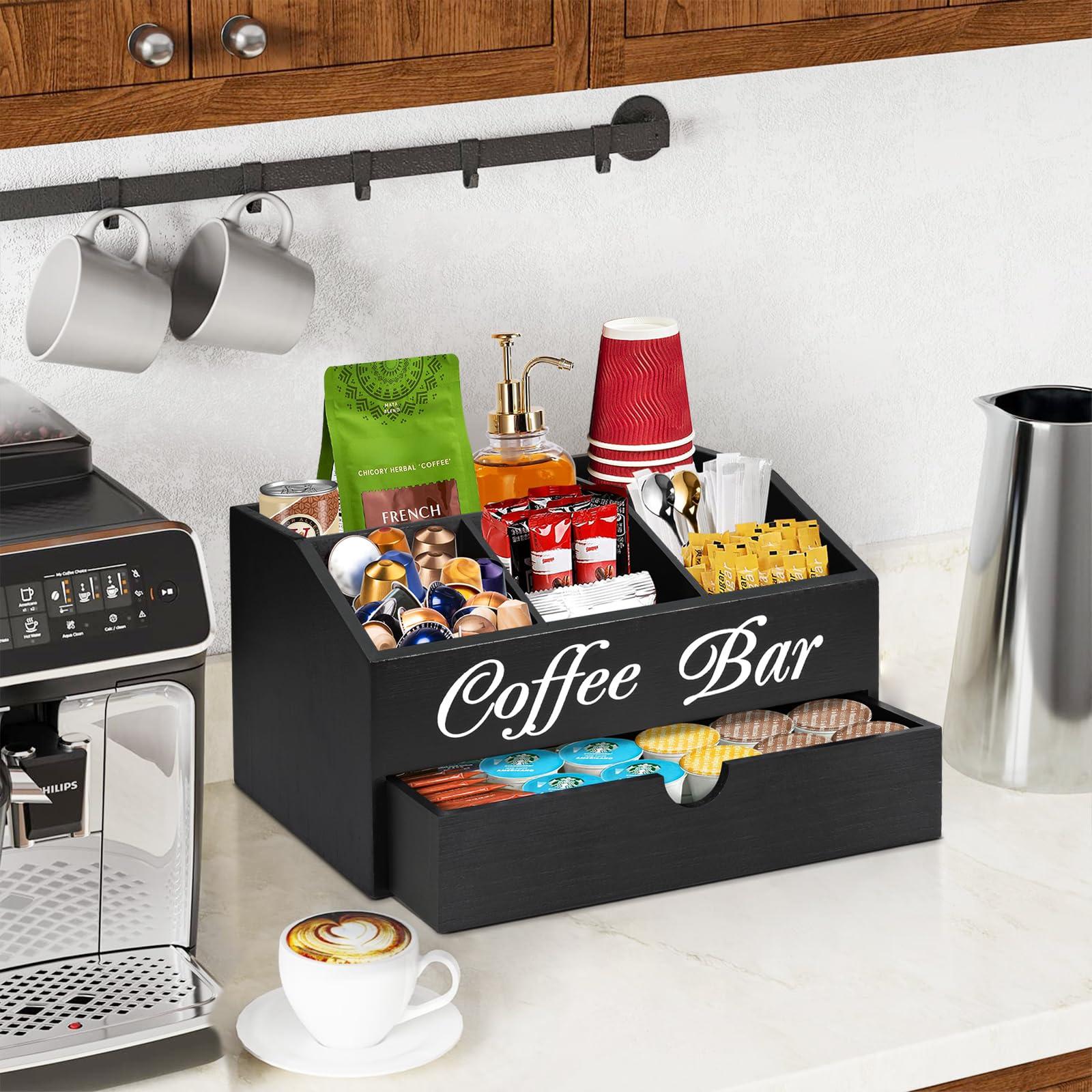 木製コーヒーバッグ収納ボックス、引き出し付き二層コーヒーバーアクセサリーオーガナイザー、素朴なコーヒーバーカウンタートップ装飾