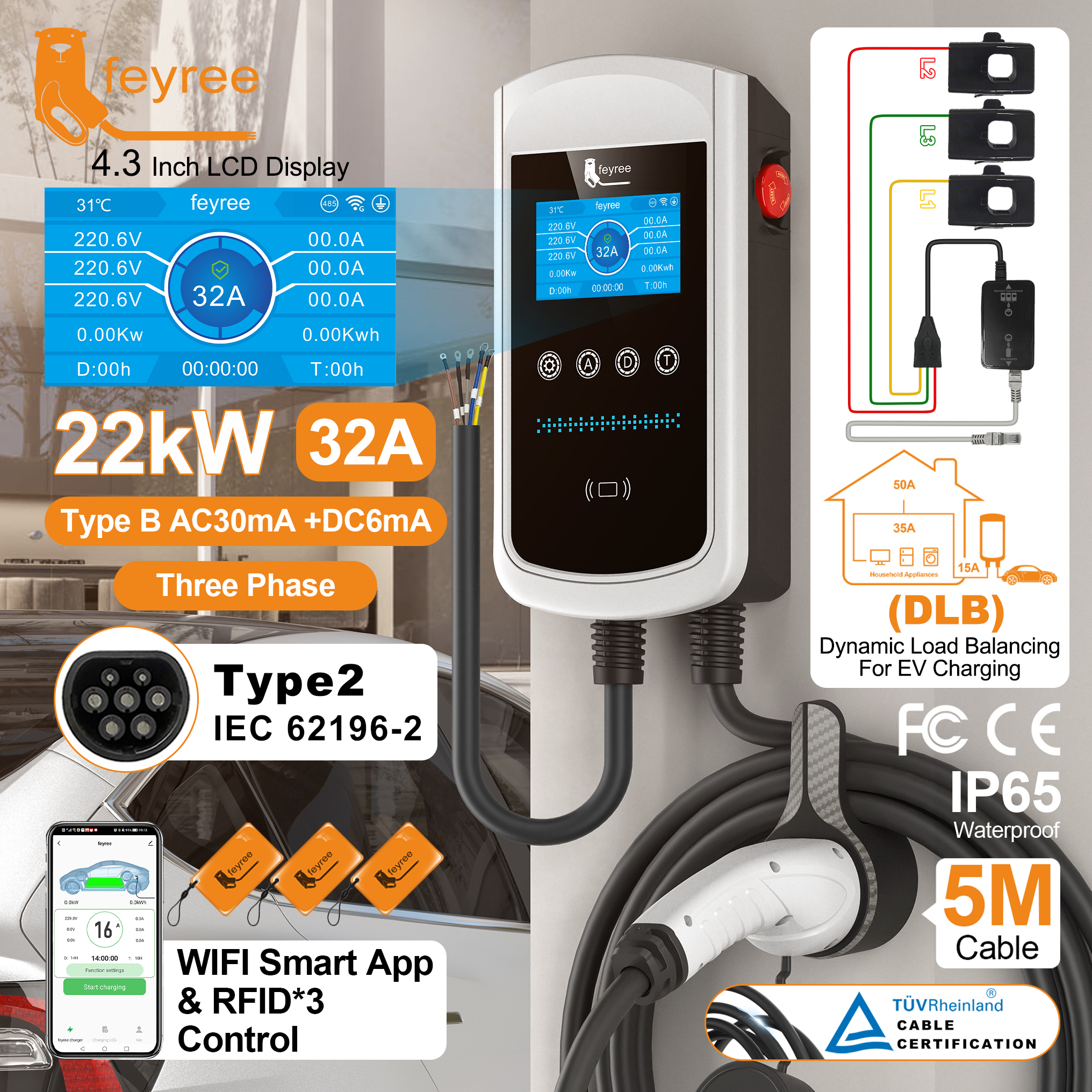 Feyree Type2 32A 7kW 1P DLB EV 充電器 4.3 インチ画面ダイナミックロードバランシング 11kW 22kW 3P EVSE ウォールボックスステーション (充電ログ付き)