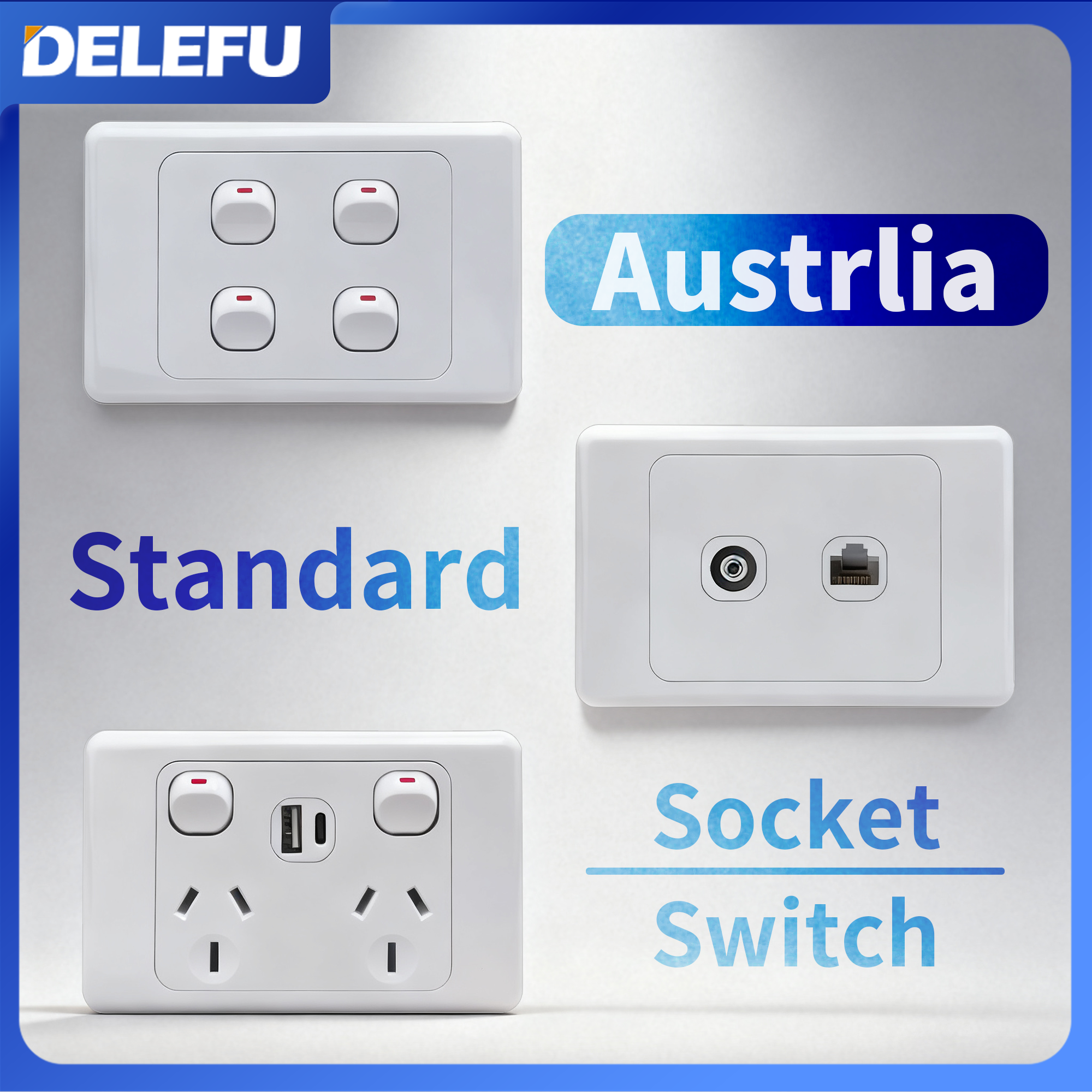 DELEFU オーストラリアニュージーランド標準ソケットスイッチ USB タイプ C 10 ワット 20 ワットプラスチックパネル CAT6 テレビ壁電源コンセント