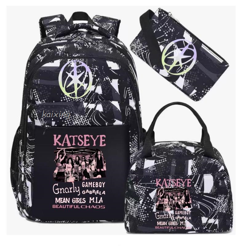 ホット Katseye 面白いプリントバックパックランチバッグマルチポケット迷彩ティーン旅行ラップトップバックパック女性スクールバッグ Mochila