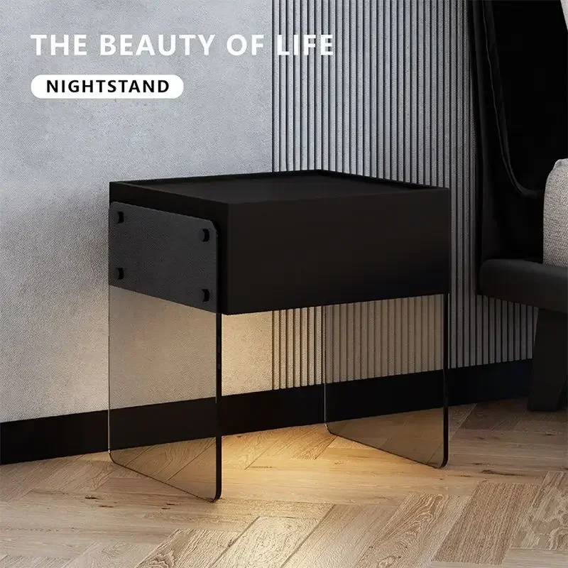 Minimalist High-end Bedside Table for Hotel Floating Glass with Drawer Nightstand Italian Light Luxury Night Table for Apartment