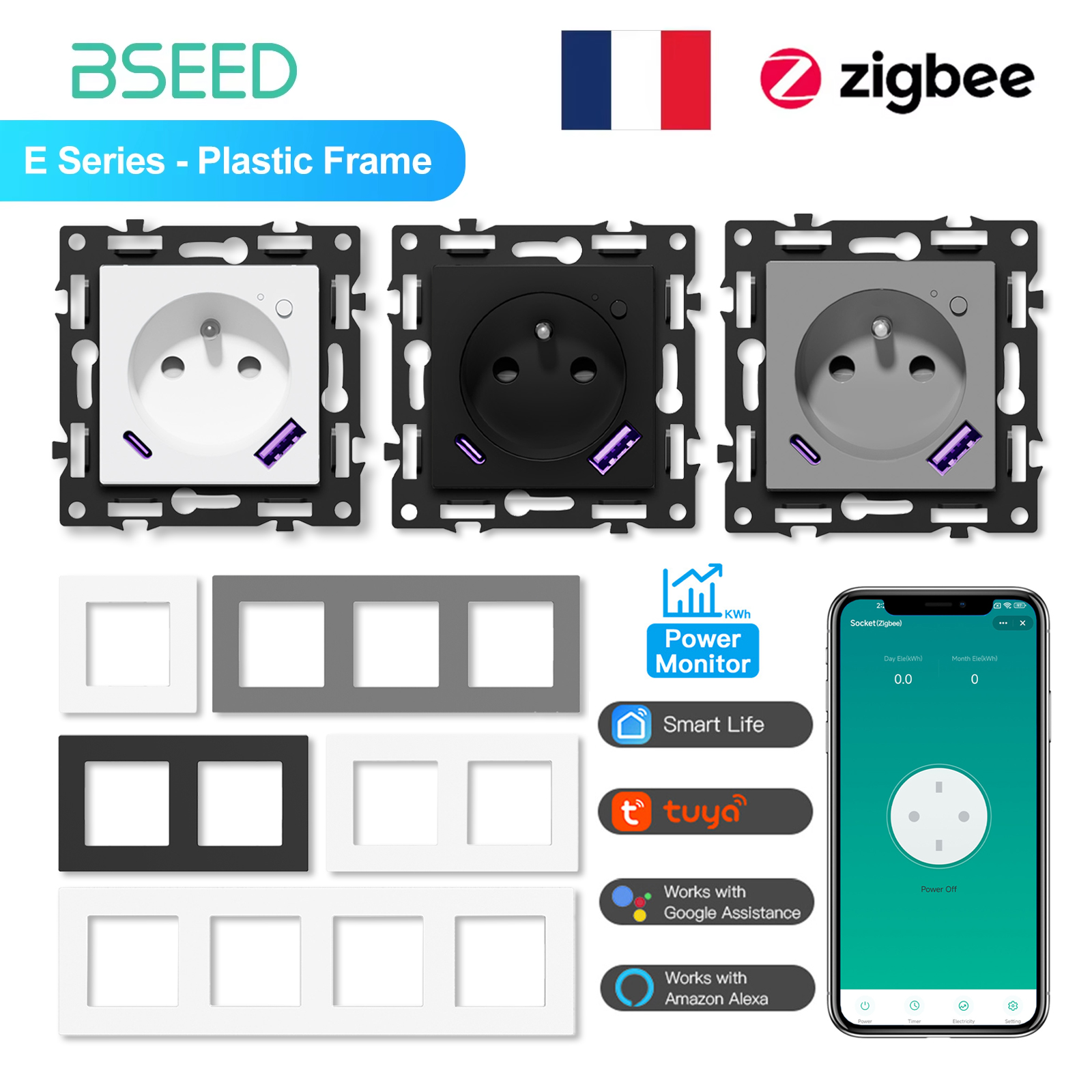 BSEED Zigbee フレンチソケットスマートウォールソケットモジュール 20 ワット Type-c USB 高速充電ポートマットプラスチックフレーム DIY パーツ