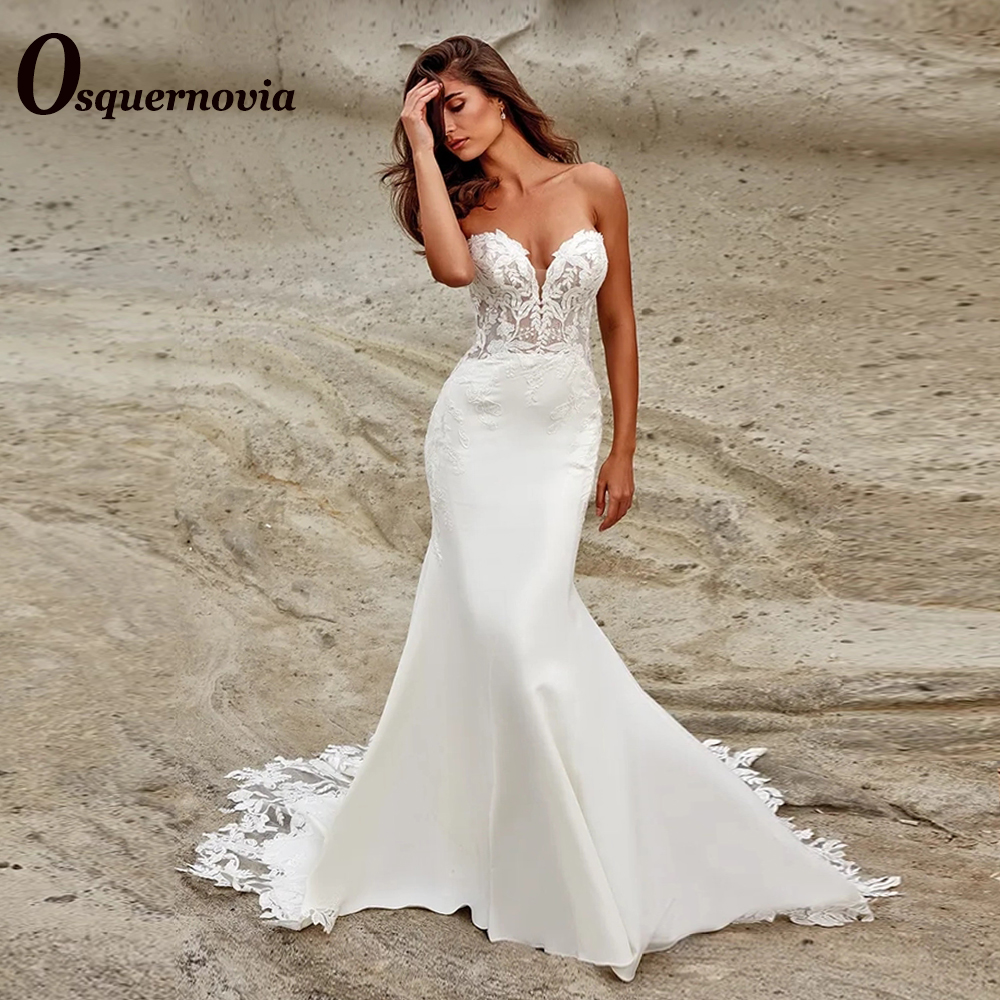 Osquernovia ボヘミアンストラップレスのウェディングドレス女性のためのマーメイドボタンレースアップリケパーティー Vestido デ Casamento カスタマイズ
